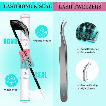 Lash Clusters Kit 200PCS 50D Eyelash Extension Kit D Curl Wispy Eyelash Clusters DIY Natural Individual Lashes Kits Lashes Extensions Kit with Lash Bond and Remover Eyelash Tweezer at Home（White Bond）