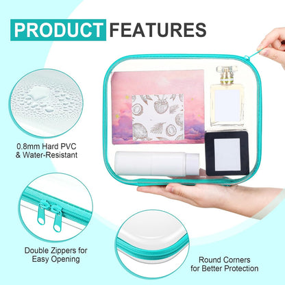 Sanwuta 6 Pcs Clear Hard Zipper Case Pencil Pouches Hard Plastic Zipper Pouches Makeup Bag Transparent Cases for Snacks Plastic Storage Organizer Box for Travel(Teal,9.84 x 7.87 x 2 Inch)