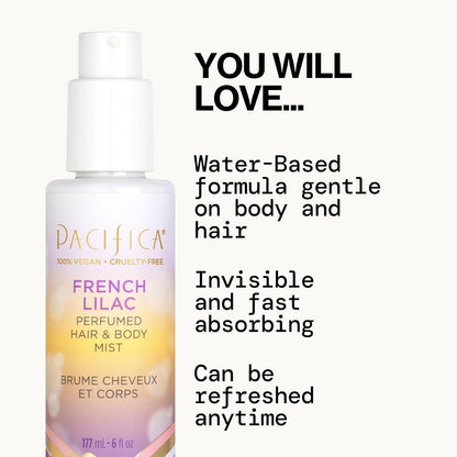 Pacifica French Lilac Perfumed Hair & Body Mist, Alcohol-Free Spray Designed For Head-To-Toe Wear, Vegan & Cruelty-Free, 6 Fl Oz