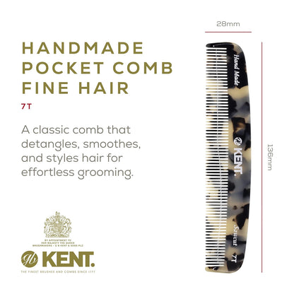 Kent 7T TW All Fine Tooth Pocket Comb for Men - Handmade Hair Comb for Men for Everyday Grooming and Styling - Travel Comb for Hair Care, Mustache and Beard Care, Use Dry or with Balms, Saw Cut and