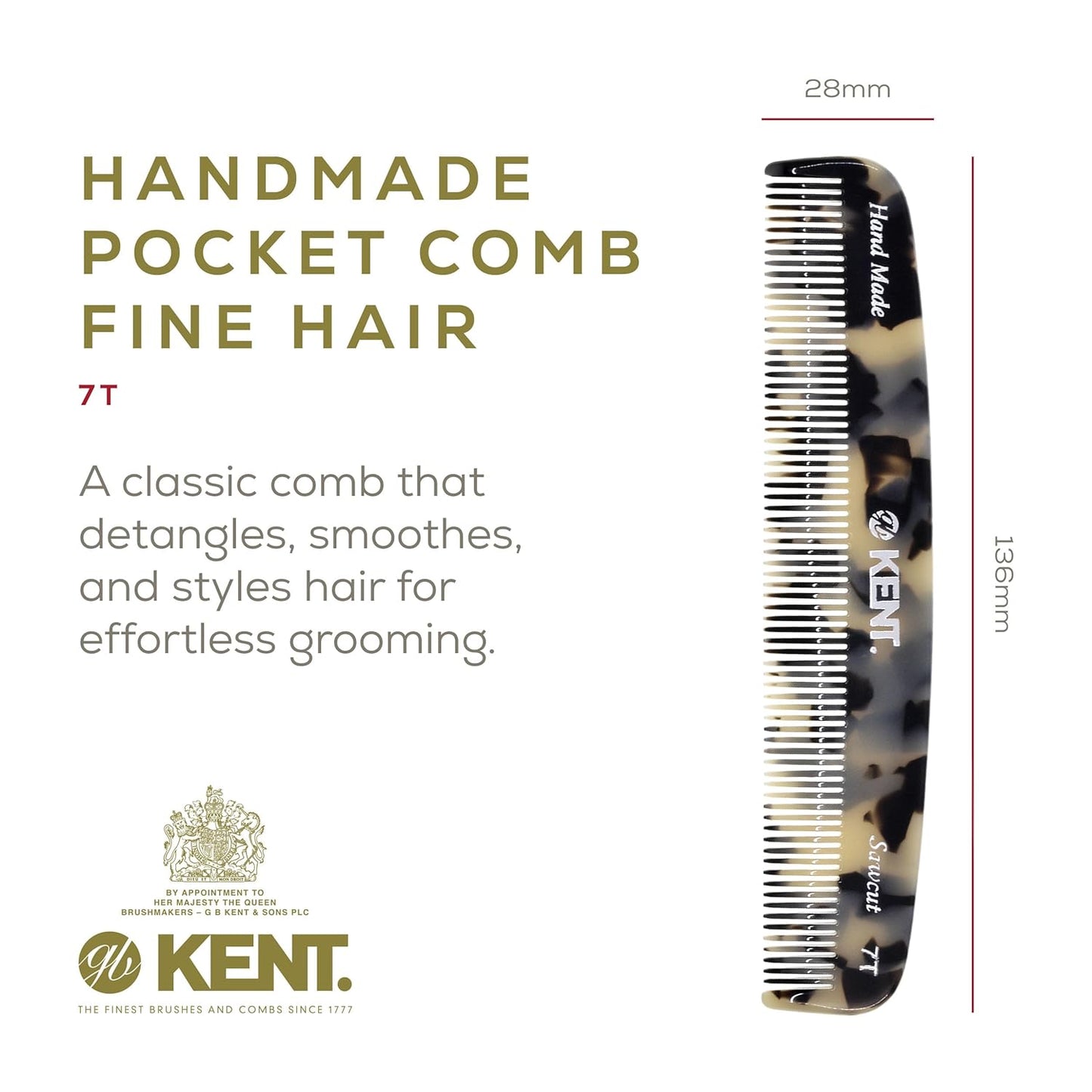 Kent 7T TW Handmade Fine Tooth Pocket Comb - For Men's Everyday Grooming, Styling, and Travel - Suitable for Mustache, Beard, Dry, Wet, Fine or Thinning Hair - Saw Cut and Hand Polished
