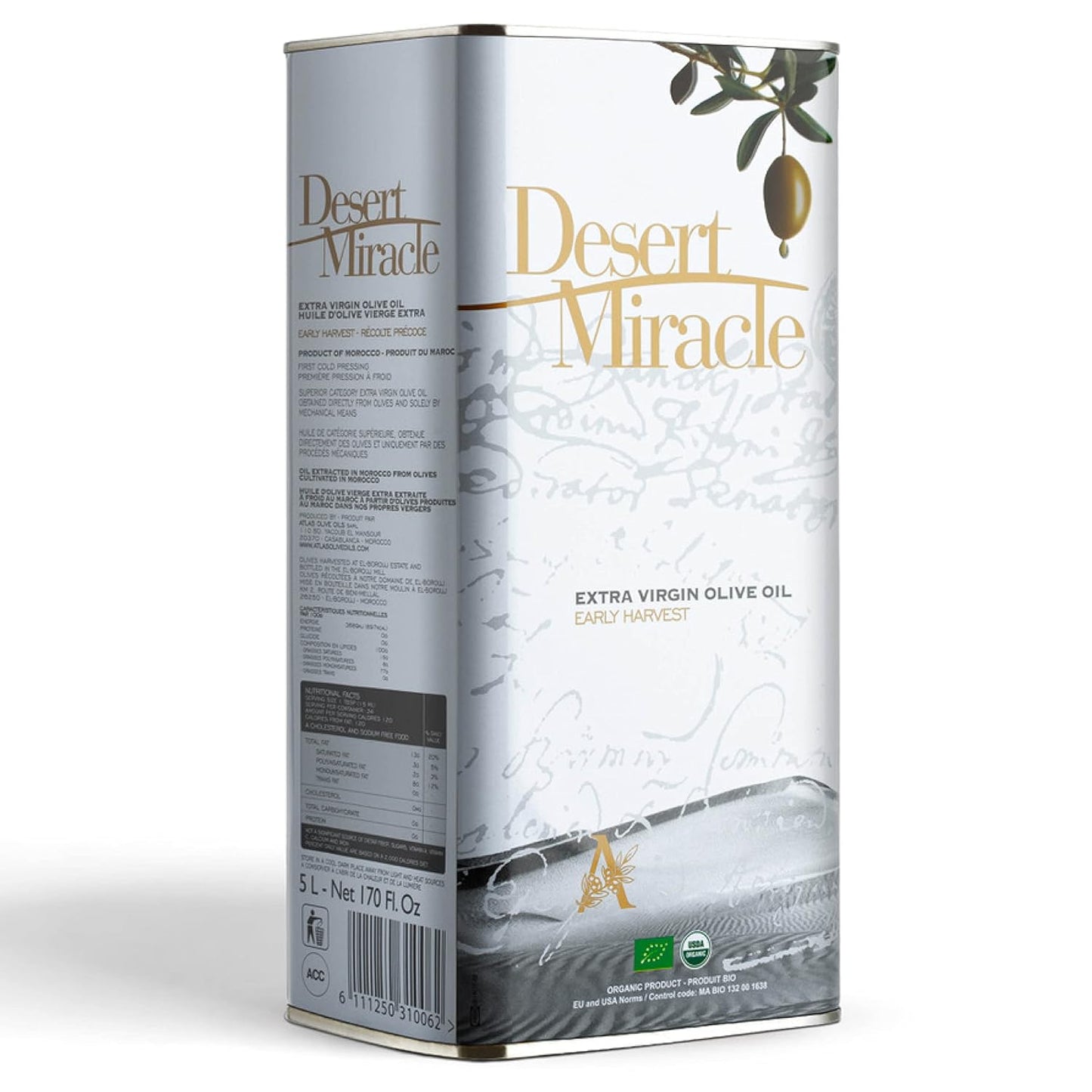 DESERT MIRACLE Cold Pressed Polyphenol Rich Moroccan Olive Oil, Extra Virgin Olive Oil with High Polyphenols, Organic, First Cold Pressed EVOO From Morocco, 5 Liter Can
