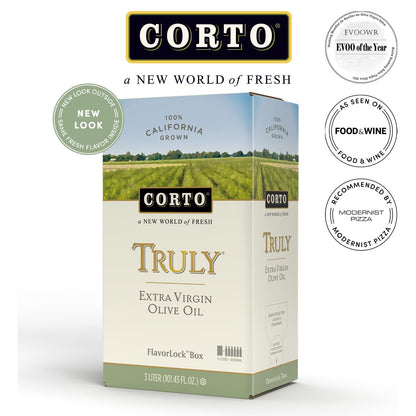 Corto TRULY® | 100% Extra Virgin Olive Oil | Floral Notes | Cold Extracted in State-of-the-Art Mill | Straight from Official Corto Olive Groves & Oil Producer | Oxygen-Free, Light Free FlavorLock Box
