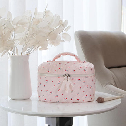 Prite Large Cosmetic Bags for Women Cute Makeup Bag Floral Coquette Aesthetic Toiletry Bag Travel Make Up Organizer Bag (Cherry)