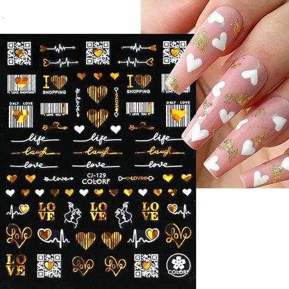 9 Valentines Nail Art Heart Stickers - Self-Adhesive Gold, 3D Rose Love Cupid Heart Letter Nail Decals for Women