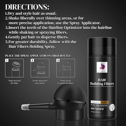 Hair Fibers & Applicator 3-in-1 Set - Natural Concealing Hair Thickening Fibers - Long-Lasting Spray with Accessory for Crisp Hairlines, Thicker Beard & Styling (medium brown)