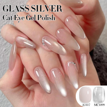 Double Rhythm 0.5 OZ Cat Eye Gel Polish with Magnet 15ML Holographic Glitter Shimmer Translucent Jelly Color Magnetic Nail Polish Salon DIY at Home (Clear Silver-B-MC1099)