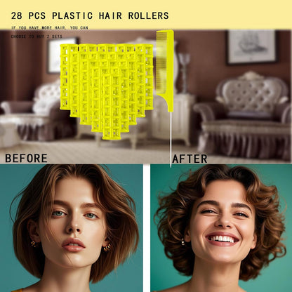 28PCS Self Grip Small Hair Rollers Set, 0.6in Plastic No Heat Roller Hair Curlers with Comb Heatless Clips for Short Fine Thin Hair(Yellow)