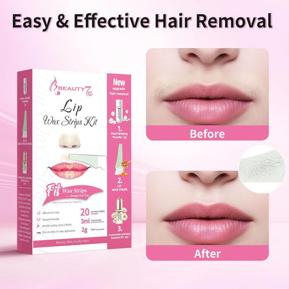 Beauty7 Lip Wax Strips Facial Wax Strips Hair Removal Wax Strips for Sensitive All Skin Types Women 20 pcs with Pearl Powder Essential Oil