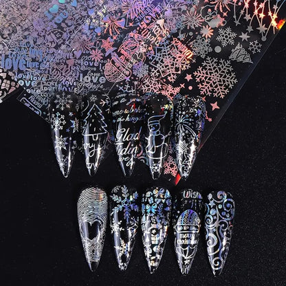 1Box 10 Rolls Laser Silvery Snowflake Nail Art Transfer Stickers 3D Christmas Tree Snowman ELK Starry Sky Paper Decals Rose Letter Gift Manicure Supplies Christmas Nail Foil Transfer Stickers Decals