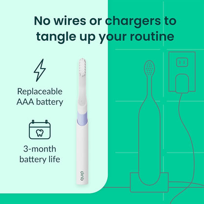 Quip Plastic Sonic Electric Toothbrush for Adults - Time Travel & Soft Bristles with Travel Case & Replacement Brush Head - 3 Month Battery Life - Lavender