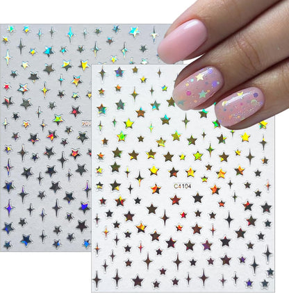 7Sheets Star Nail Art Stickers Decals 3D Self-Adhesive Shiny Black White Rose Gold Stars Nail Decals Holographic Laser Gold Silver Glitter Star Nail Design for Acrylic Manicure DIY Women Nail Decor