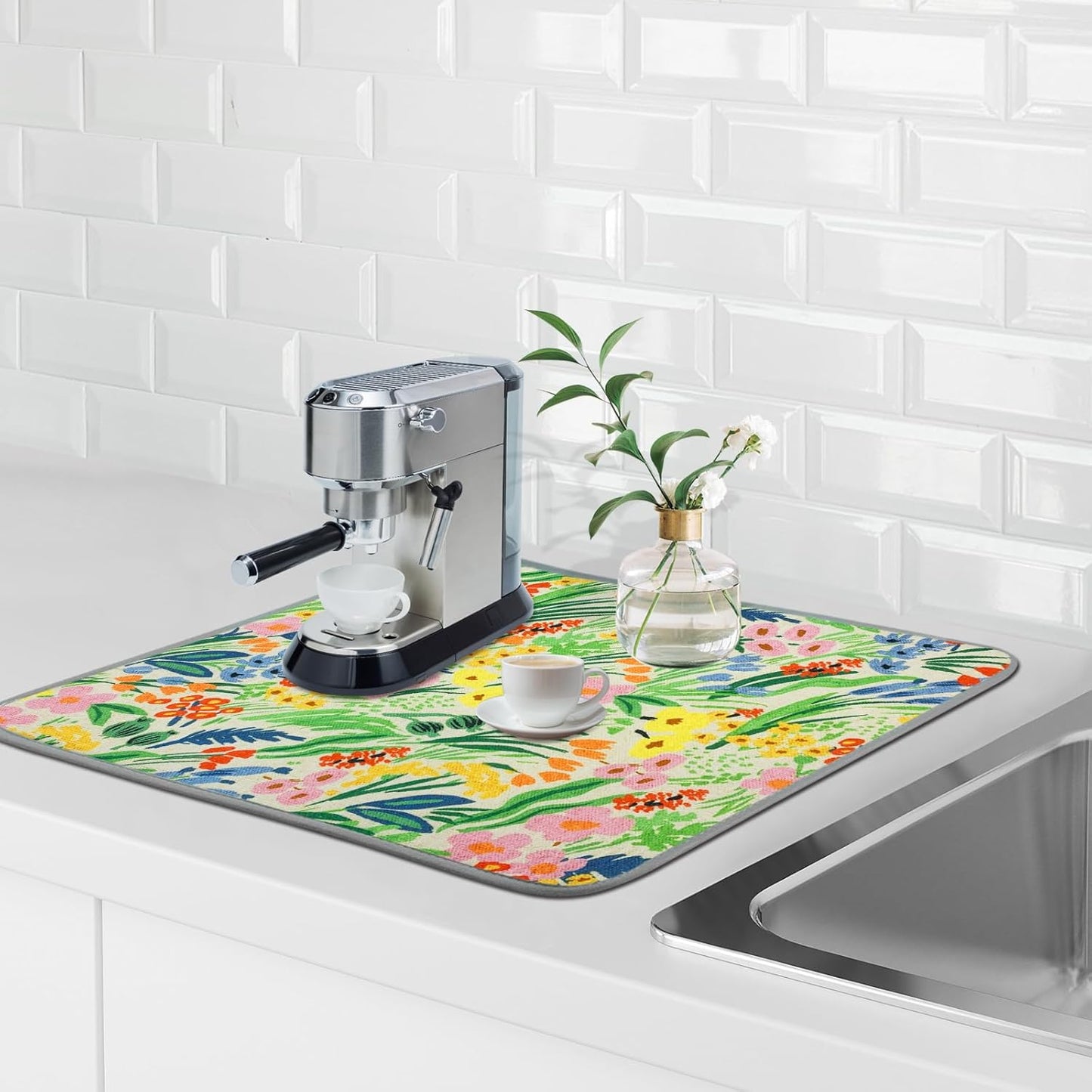 SHIYUE Dish Drying Mat for Kitchen Counter Super Absorbent Spring Kitchen Decor Microfiber Drying Matainers Rack Fast Pad Dish Drainer Mats(Cute Colorful Flowers,18''x24'')