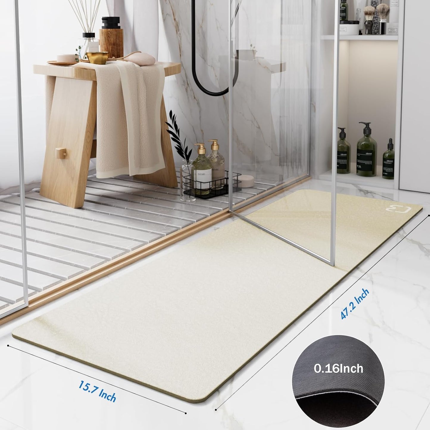 Beige Bathroom Mat Rugs 15.7" x 47.2" Super Absorbent Quick Drying Diatomaceous Earth Bath Mats for Bathroom Non Slip Rubber Backed Thin Bathroom Rugs Floor Mat, Machine Washable