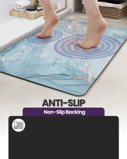 DEXI Bathroom Mat Ultra Thin, Non Slip Bath Rug for Shower Floor, Absorbent Quick Dry Marble Bathmats Low Profile, 17x32, Blue