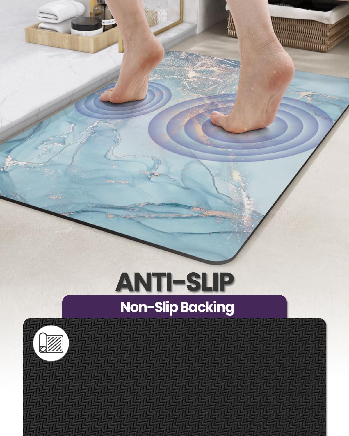 DEXI Bathroom Mat Ultra Thin, Non Slip Bath Rug for Shower Floor, Absorbent Quick Dry Marble Bathmats Low Profile, 16x24, Blue