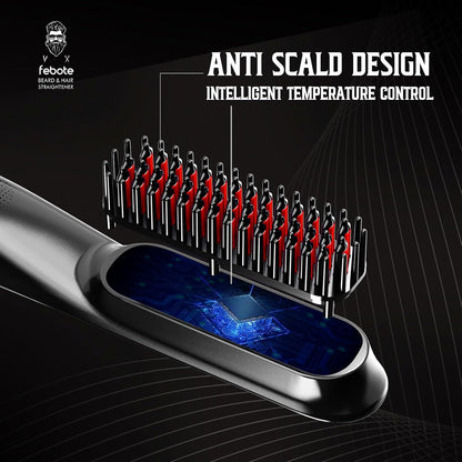 Heated Ionic Hair Straightening Brush for Men - 5 Temperature Settings, Anti-Scald, Beard Shaper & Travel Bag