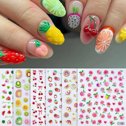 6Sheets Summer Fruit Nail Art Stickers 3D Self -Adhesive Cherry Strawberry Lemon Nail Decals Holographic Cute Peach Watermelon Nail Stickers Fruit Nail Decals Decoration for Women Manicure Supplies