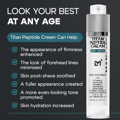 Titan Peptide Anti-Aging Mens Face Cream – Mens Face Moisturizer – For Men, Face Lotion – Men, Skin Care – Tighten, Firm, Revitalize – Peptides, Vitamin C & E, Squalane – All Skin – Unscented