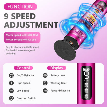 EAONE 2 in 1 Electric Callus Remover for Feet/Hands(Rose Red), Professional Pedicure Tools Foot/Nail File for Women Men Dry Crack Dead Skin Removal & Nail Care with 9 Speed Control/Digital Display