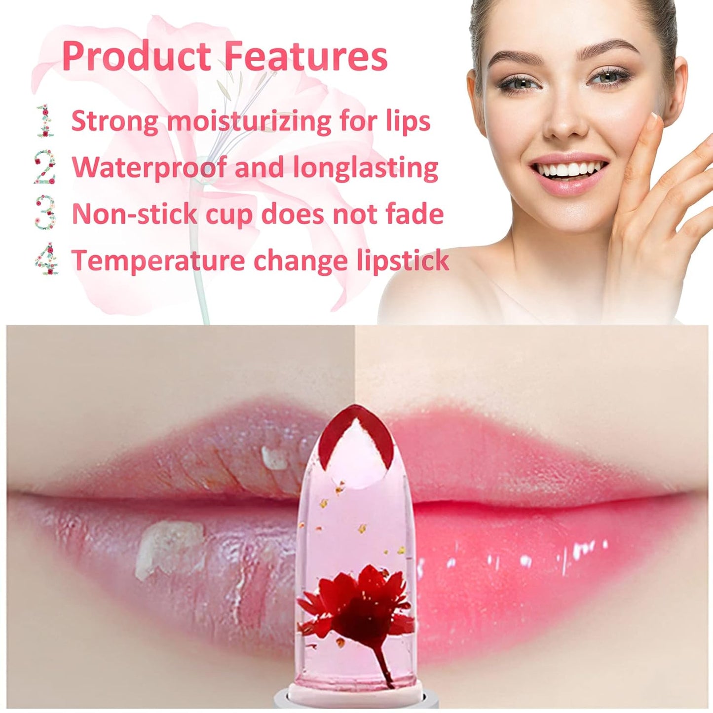 2 Pack Crystal Flower Jelly Lipstick,Magic Color Changing Lipstick,PH Clear Temperature Color Changing Lip Gloss,Lip Balm,Long Lasting Nourishing Moisturizing Lip Stick Set(Set B)