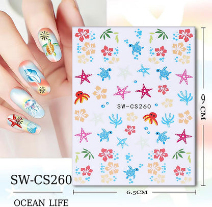 6 Sheets Marine Life Nail Art Stickers 3D Self-Adhesive Starfish Turtle Nails Sticker Flower Nail Art Decals Holographic Bow Nails Decal Decoration for Women Floral Manicure DIY Nail Supplies