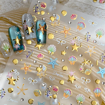 1 Sheets Summer Beach Nail Decals for Nail Art Gold Seashell Starfish Nail Stickers with Diamond Designs Coral Conch Bow Nail Art Stickers 5D Self-Adhesive Ocean Nail Design Supplies for Women