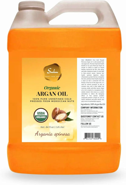 100% Pure Organic Cold Pressed Unrefined Virgin Moroccan Argan Oil (64 fl. oz)