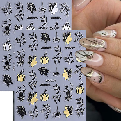 6 Sheets Halloween Nail Art Stickers 3D Self -Adhesive Pumpkin and Leaves Nail Decals Holographic Spider Bat Nail Stickers Halloween Nail Decoration for Women Manicure Supplies