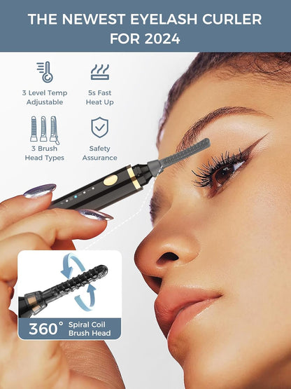 Smiling Shark Heated Eyelash Curler, 2025 New 360°Wand-Style Heated Lash Brush Rechargeable with 3 Brush Heads & 3 Temp 【Lengthen/Define/Curler】 3-in-1 Lash Curler for All Types of Lashes, Black