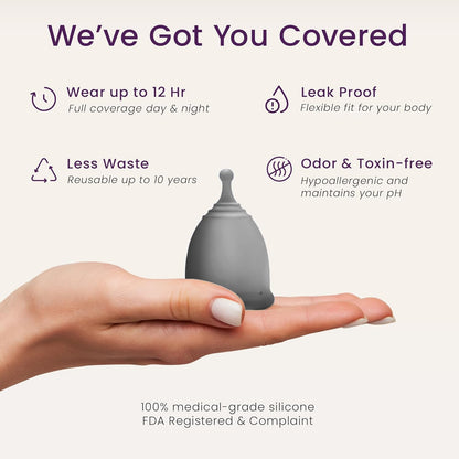 EcoBlossom Reusable Menstrual Cup and Case - The Most Reliable Medical Grade Silicone Period Cups - Comfortably use for 12 Hours (Large (Pack of 2), Gray Cup & Case)
