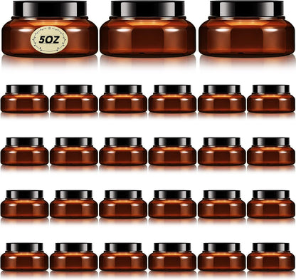 Tessco 24 Pack Plastic Jars with Lids Labels Empty Clear Plastic Jars Round Refillable Cosmetic Containers Body Butter Containers Bulk Sugar Scrub Bottle for Make Up(5 oz,Brown)