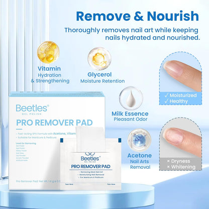 Beetles Gel Nail Polish Remover Kit – 150PCS Pro Remover Pads, Acetone & Vitamin Formula, Cuticle Oil, Alcohol Wipes and Nail Tools for Manicure Gel Polish Remover Portable Set