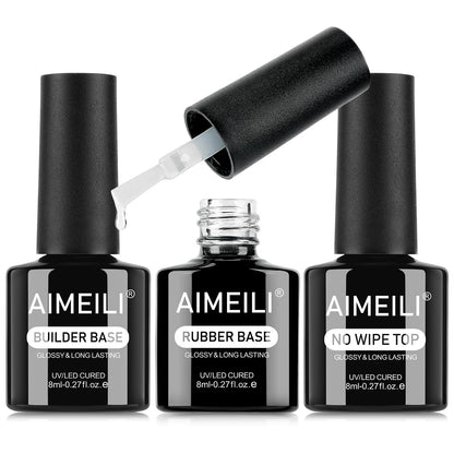 AIMEILI Builder Nail Gel Rubber Base Top Coat Kit 3pcs, Hema Free, Cruelty Free, Vegan, Clear High Gloss Gel Nail Polish Long Lasting Nail Art