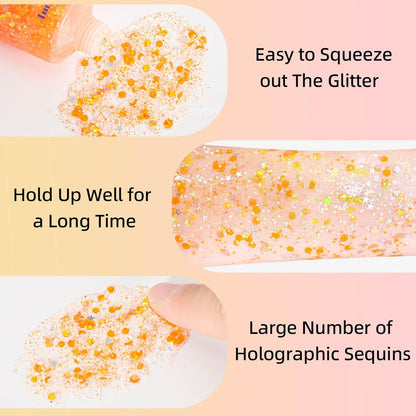 MEICOLY Orange Face Body Glitter,Sparkling Face Glitter Gel,Mermaid Sequins Face Paint Glitter Autumn Makeup,Eye Hair Chunky Festival Rave Accessories Makeup,Party Body Glitter Gel for Women Kids,50ml