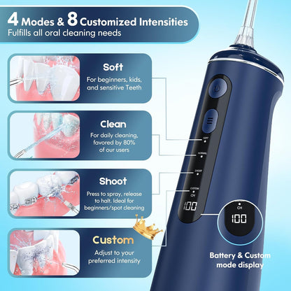 Water Flosser for Teeth, Cordless Oral Irrigator Portable Dental Cleaner Picks with 8 DIY Modes 7 Jets 300ml Tank Braces Flossers Rechargeable (Blue)