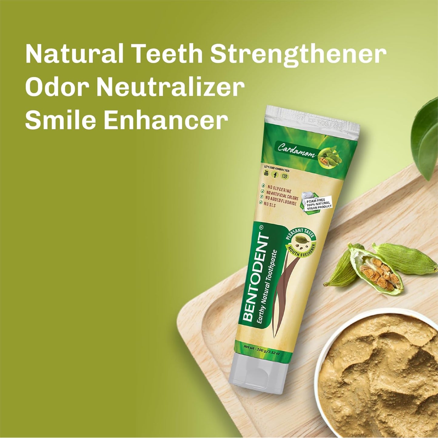 BENTODENT Fluoride Free Remineralizing Calcium Bentonite Clay Toothpaste - Cardamom Flavor Natural Toothpaste, Mint-Free, 3.52 oz - Ideal for Sensitive Teeth & Whitening with Toothbrush