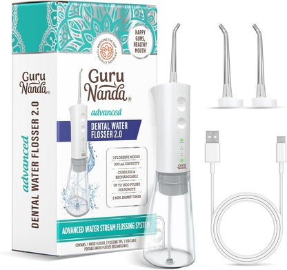 GuruNanda Advanced Dental Water Flosser 2.0 with Replacement Tips, Cordless & Portable, 300 ml Water Tank, 3 Modes, Rechargeable for Healthy Teeth and Gums