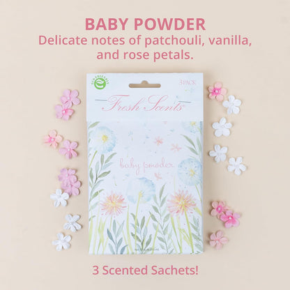 WILLOWBROOK | Fresh Scents Scented Sachet Packet | Baby Powder | Air Freshener Bags for Drawers, Closets, Cars | 6 Pack | Long Lasting Home Fragrance