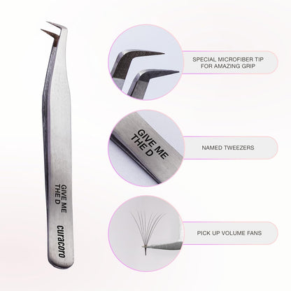 Curacoro Lash Tweezer - Professional & Precision Fiber Tip Grip Lash Tweezers for Eyelash Extensions, Multi Shapes & Purposes Tweezers for Volume, Isolation & Classic Lashes (Silver, Give Me the D)