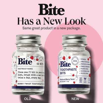 Bite Whitening Toothpaste Tablets – Nano Hydroxyapatite & Xylitol (Berry Twist) | Sensitive Teeth & Kid-Friendly | No Fluoride, Vegan, Cruelty-Free | Travel-Size | 2 Bottles (124 Bits) | Made in USA