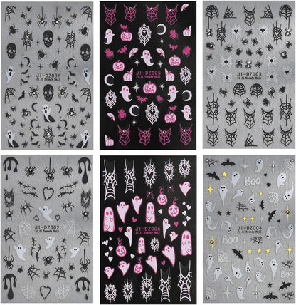 6Sheets Halloween Nail Stickers for Nail Art,3D Self-Adhesive Cute Ghost Spider Web Nail Decals with Rhinestones Design,Pink Pumpkin Spiders Skull Nail Art Stickers for Women Girls DIY Nail Decoration
