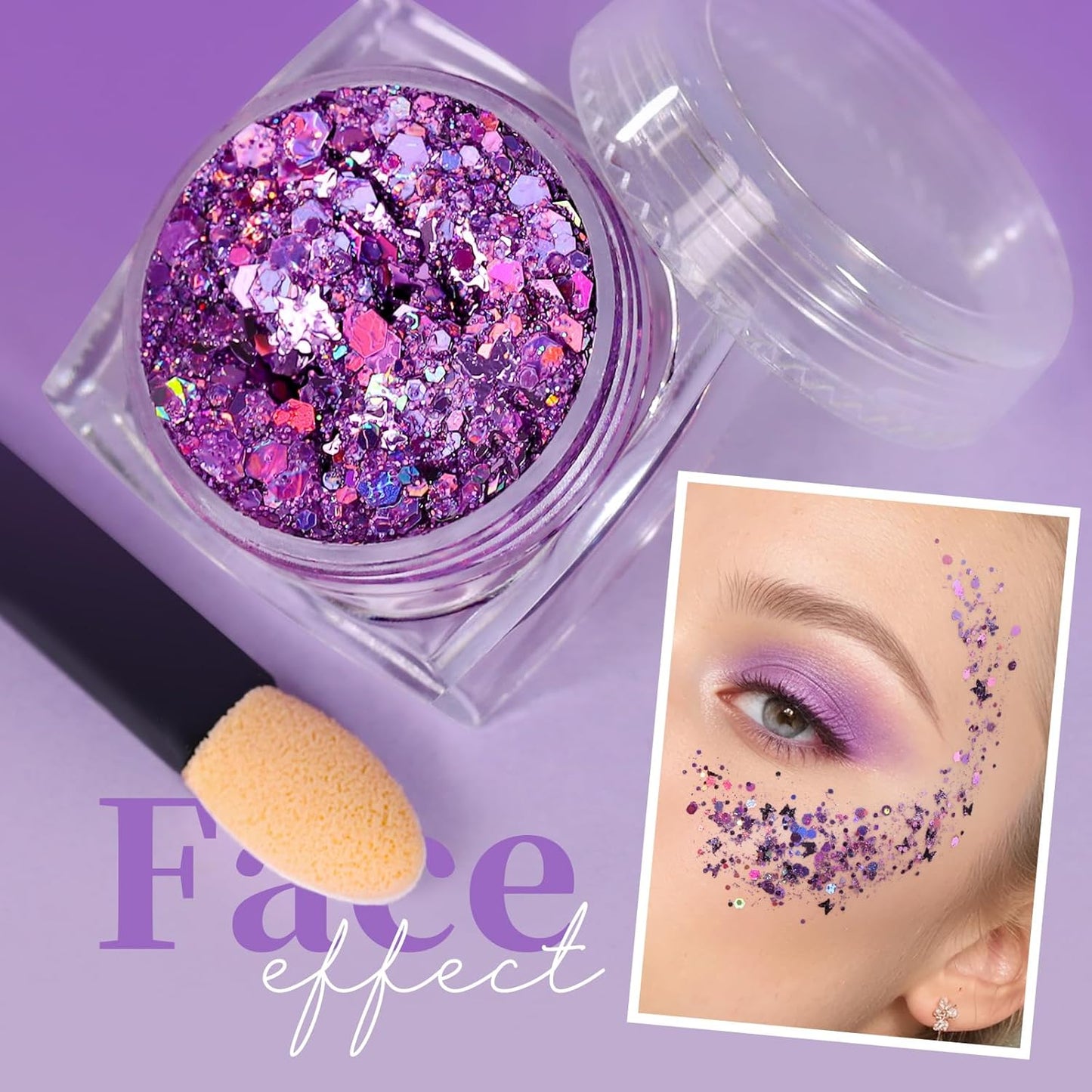 Teenitor Body Glitter Gel - Purple Face & Body Glitter Set, 6 Shapes, Hair Glitter Gel, Makeup Glitters for Face, Body, Hair