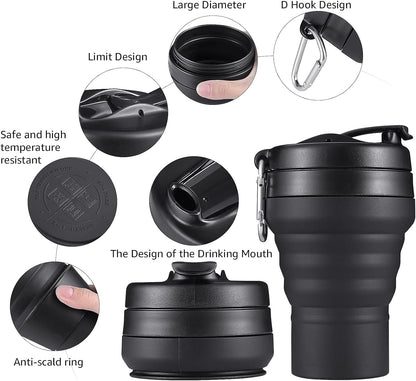 Collapsible Cup for Traveling, 20 OZ 600ml Large Silicone Folding Camping Mug, Leak Proof BPA Free Portable Reusable Bottle for Coffee, Tea, Water, Camping, Hiking, Outdoor (Black)