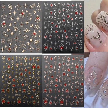 8 Sheets Metallic Nail Art Stickers Bronzing Star Moon Nail Decals 3D Self-Adhesive Gold Silver Nail Art with Heart Charms Design Moon Star Nail Stickers for Women Manicure Decoration Accessories