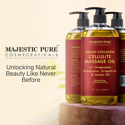 Majestic Pure Anti Cellulite Massage Oil for Massage Therapy - Refreshing, and Relaxing - Natural Oils with Vegan Collagen, Stem Cells & Cellulite Cream - All Skin Types - Men and Women - 8 fl oz