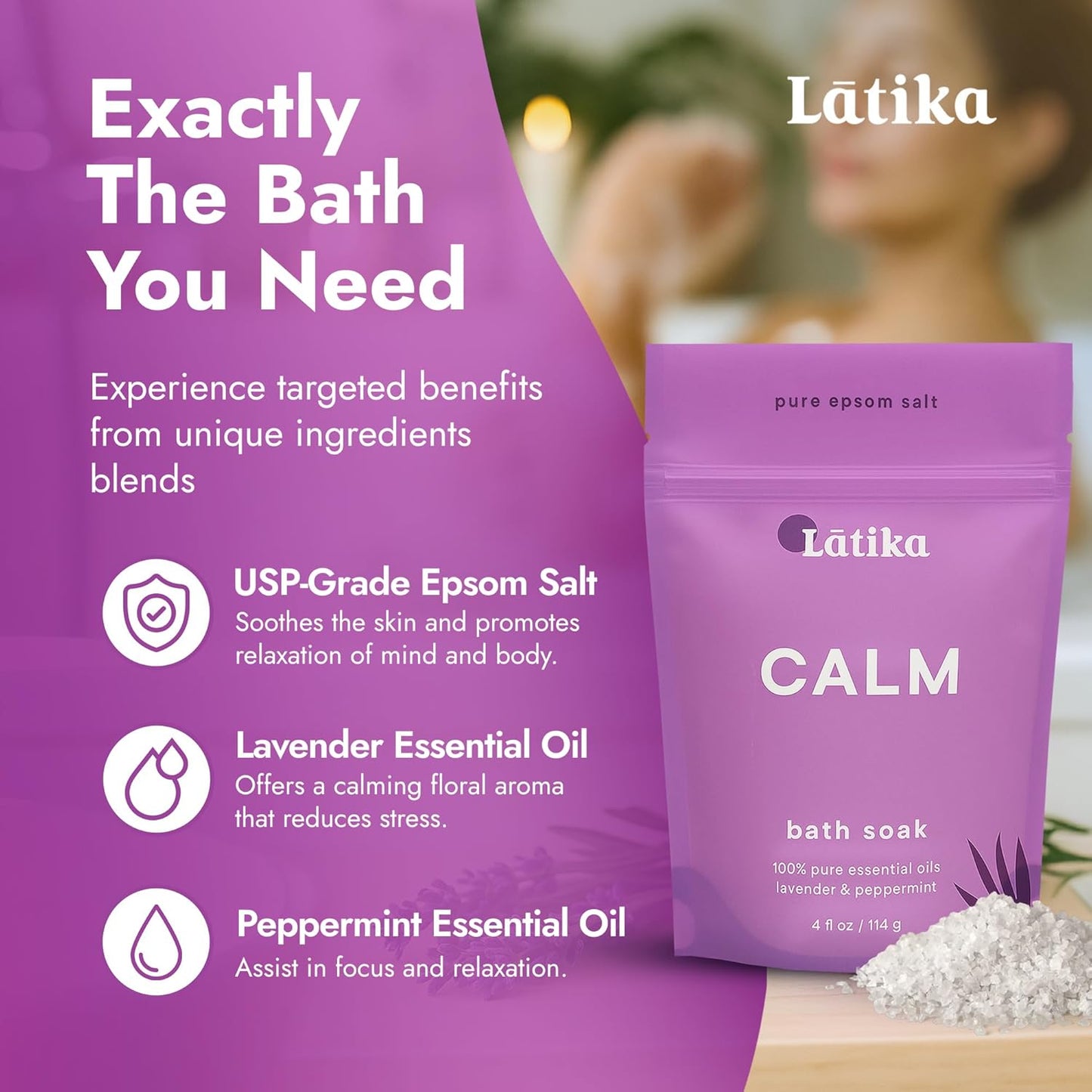 Soaks Set of 3 - Calm Bath Soaks with Lavender & Peppermint, Moisturizing Epsom Salt Soak for Stress Relief, Relaxation, and Skin Nourishment, at-Home Spa Retreat Gift