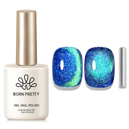 Born Pretty Cat Magnetic Eye Gel Nail Polish, Blue Glitter Cat Magnetic Gel Nail Polish, Holographic Magnetic Nail Polish for Nail Art Manicure Salon DIY at Home 15ML