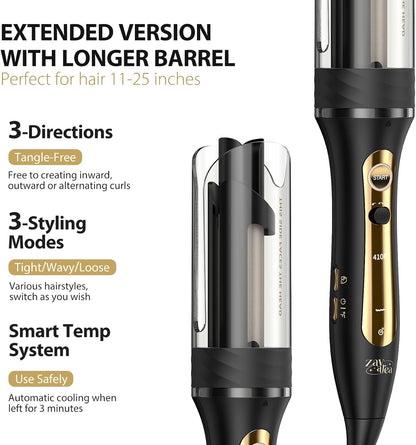 Zavarea Automatic Curling Iron, 1 Inch Hair Curler with 5 Temperatures, 3-Ways Rotation & 3-Styling Modes, Anti-Scald & Tangle-Free Self Rotating Curling Wand (Black)