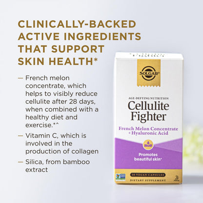 Solgar Cellulite Fighter Skin Vitamin and Mineral Supplement, Support Smooth Skin with French Melon Concentrate, Hyaluronic Acid and Vitamin C Supplement, Age-Defying Nutrition for Women, 30 Servings